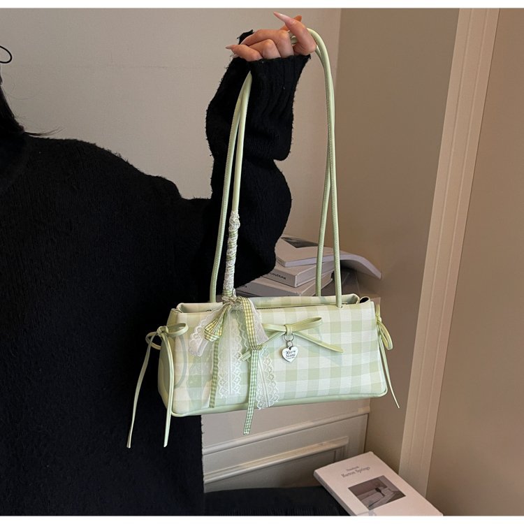 Dopamine Plaid Handbag Small Tote Bag for Women Summer2025New Ballet Style Bow Baguette Bag Underarm Bag Trendy