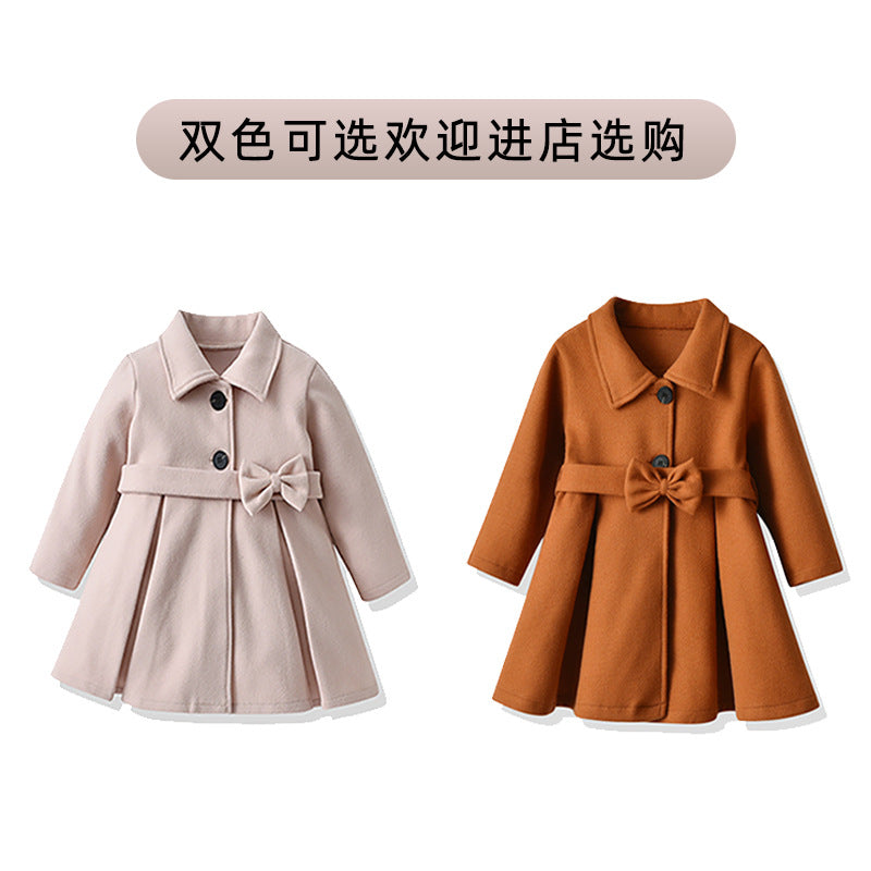 Cross-Border E-commerce Children's Coat Autumn Girls' Bow Thickened Korean Style Mid-Length Woolen Coat Manufacturer Wholesale