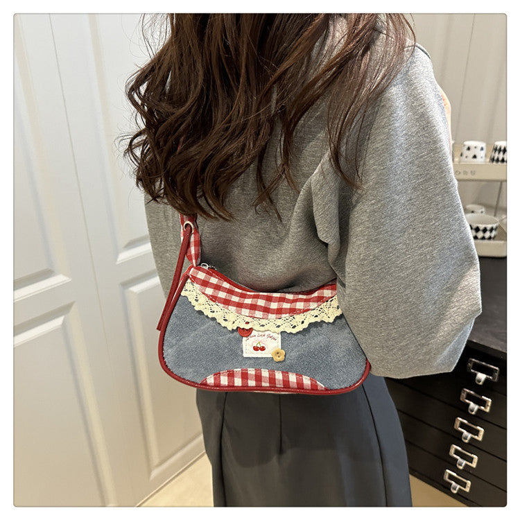 Super Popular Crossbody Bag for Women2025New Plaid Fabric Bag Wrinkled Color-Block Shoulder Bag Popular Commuter Small Square Bag