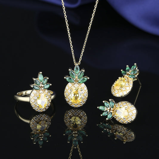 European and American Fashion Copper Plated K Gold Zircon Jewelry Luxurious Pineapple Versatile Set Cross-Border Women's Ring Necklace Earrings