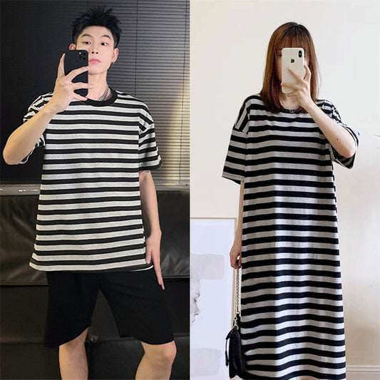 Couple Summer New Pajamas Women's Short Sleeve Imitation Cotton Nightdress Korean Style Wearable Men's Homewear Striped Set