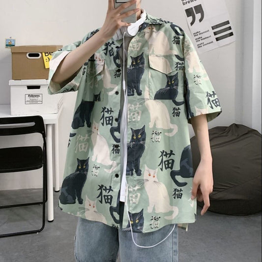 Summer Japanese Style Short Sleeve Shirt Men Half Sleeve Shirt Hong Kong Style Trendy Cat Print Student Loose Casual Shirt12