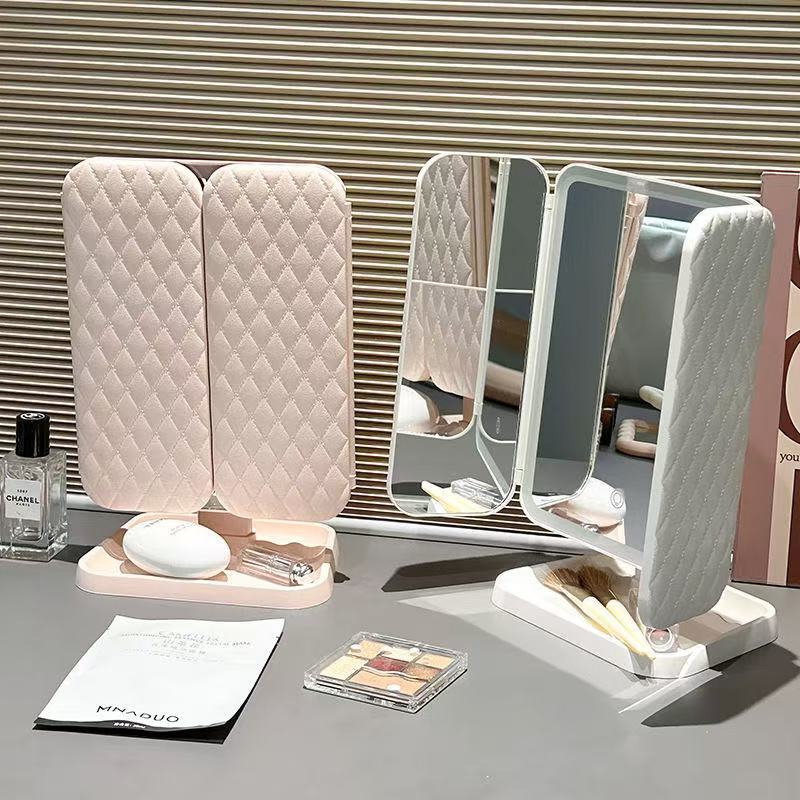 LED Makeup Mirror Desktop with Light Three-Sided Folding Magnifying Internet Celebrity Dormitory Desktop Beauty Bedroom Dressing Mirror