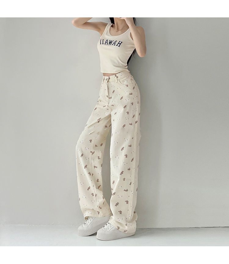 Yuejiaoer Original American Style Cartoon Bear Print Jeans for Women New Flared Loose Straight Wide-Leg Floor-Length Pants