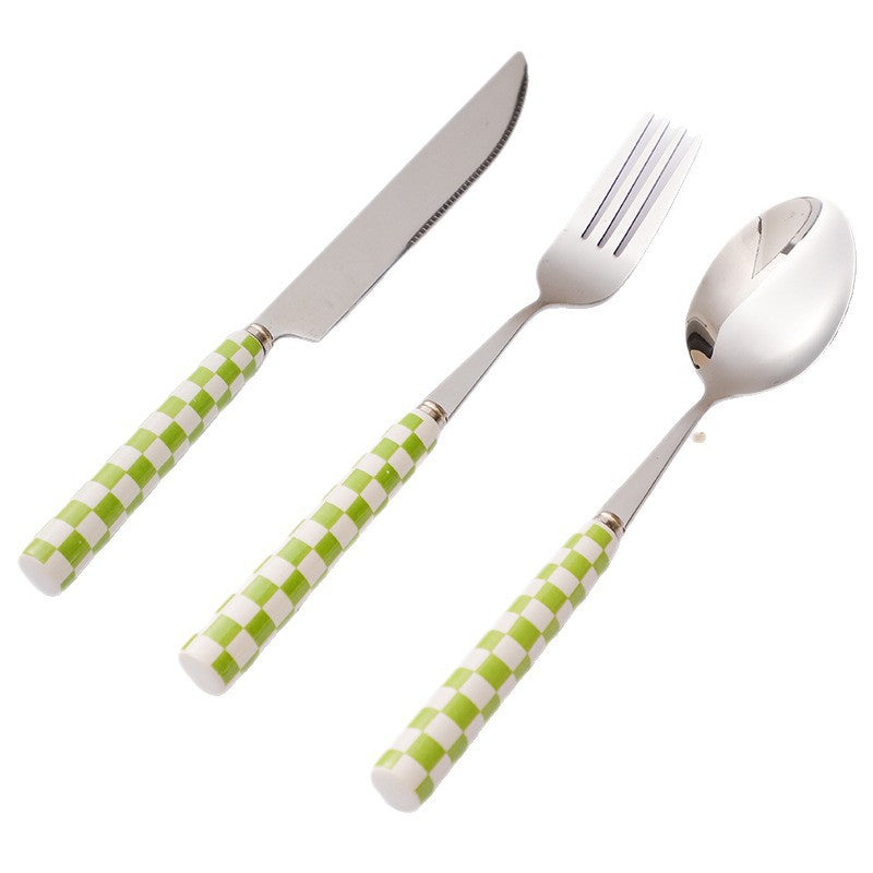 ins Checkerboard Pattern Western Steak Knife and Fork Ceramic Handle Stainless Steel Fork Spoon Dessert Cutlery Set Three-Piece Set