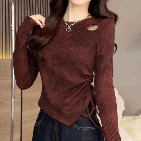 Plus Size Fat mm Autumn Base Shirt Korean Style Round Neck Hollow Design Tie-Dye Waist Drawstring Slimming Long Sleeve Top for Women