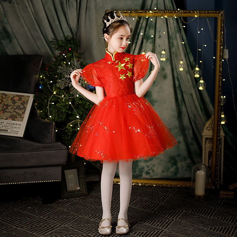 Children's Dance Costume for Children's Day, Red Theme Chorus, Poetry Recitation Performance Costume, Girls' Dress Set