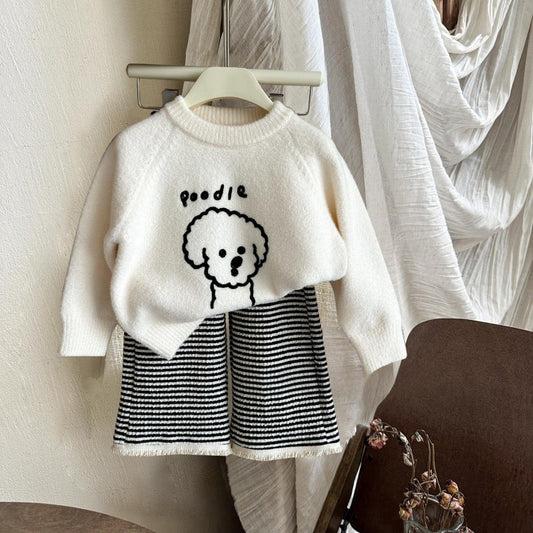 Sweet Little Girl Autumn Sweater Pants Set Cartoon Top with Striped Long Pants Two-Piece Korean Style Children's Clothing