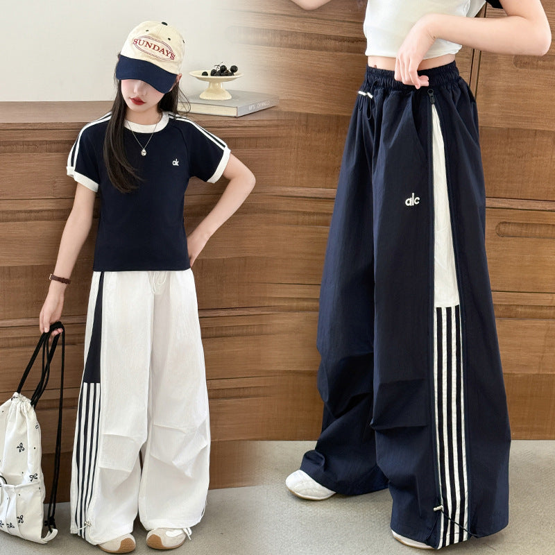 Girls' Summer Thin Pants2025New Cool and Stylish Quick-Dry Cargo Pants for Middle School Students Ice Feel Wide-Leg Pants