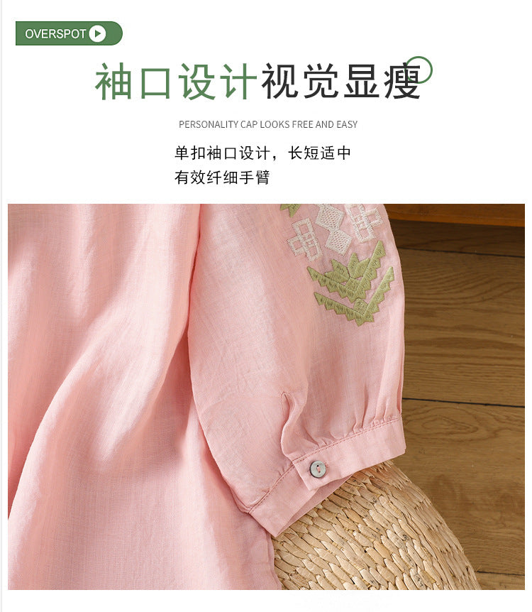 2025Summer New Vacation Ethnic Style Ramie Embroidered Round Neck Shirt for Women Loose Sun Protection Versatile Air Conditioning Shirt