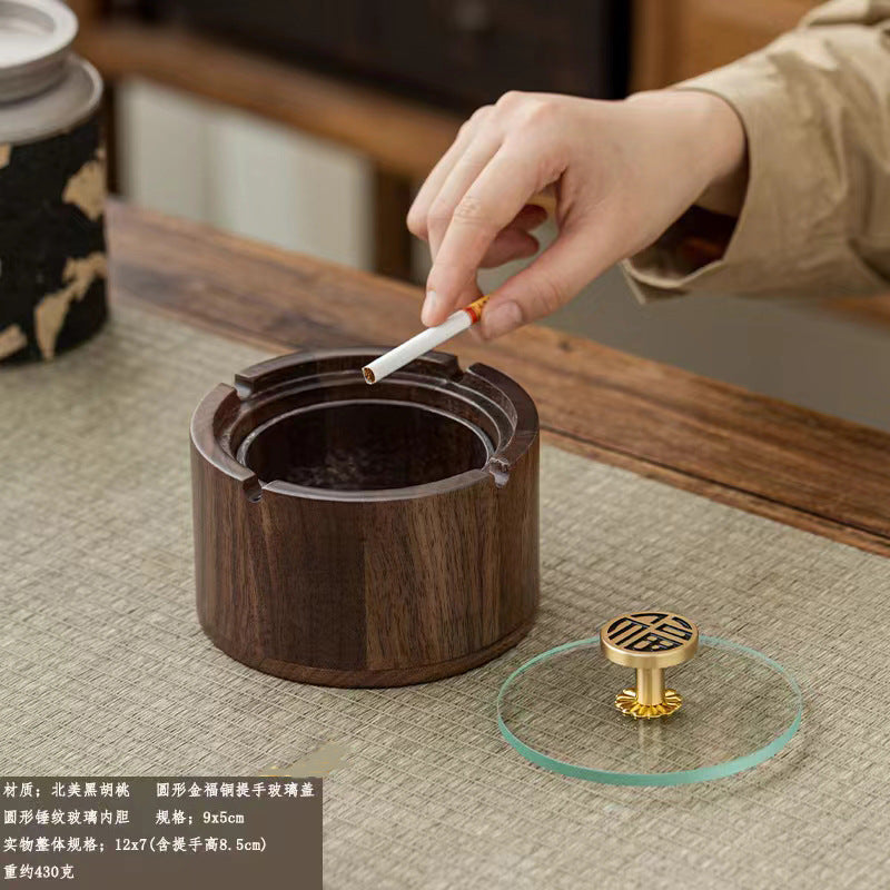 Walnut Ashtray for Home Living Room with Lid, Anti-Fly Ash, Stainless Steel Inner Liner, Creative Office Quality Ashtray