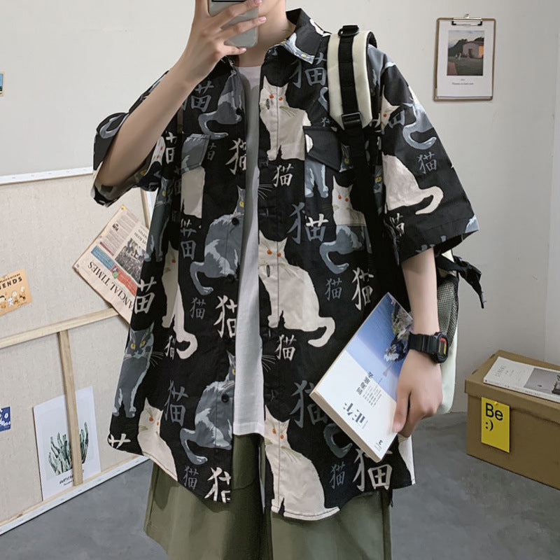Summer Japanese Style Short Sleeve Shirt Men Half Sleeve Shirt Hong Kong Style Trendy Cat Print Student Loose Casual Shirt12