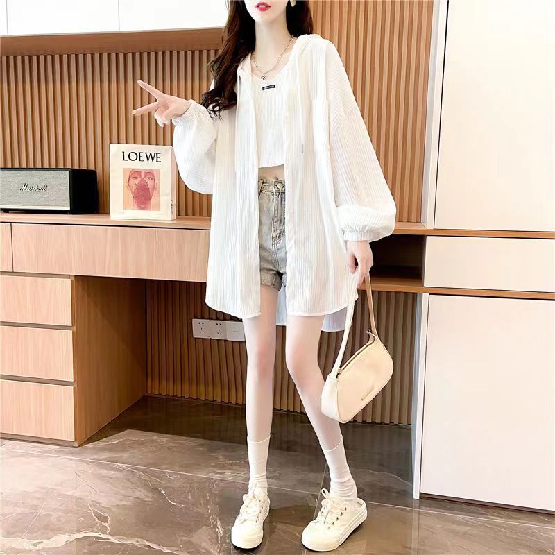 plus Size300White Long Sleeve Sun Protection Jacket for Women, Summer Versatile Mid-Length Loose Cardigan with Hood