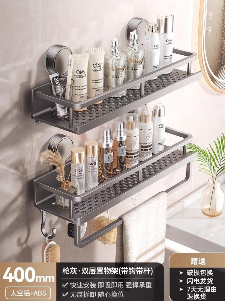 Space Aluminum Bathroom Suction Cup Storage Rack Wall-Mounted No-Drill Towel Rack Washstand Multifunctional Organizer