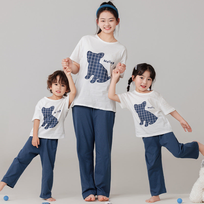 Parent-Child Cotton Homewear Summer Style Children's Short Sleeve Long Pants Set Cartoon Air Conditioning Clothing Sweat-Absorbing Printed Pajamas Couple Outfit