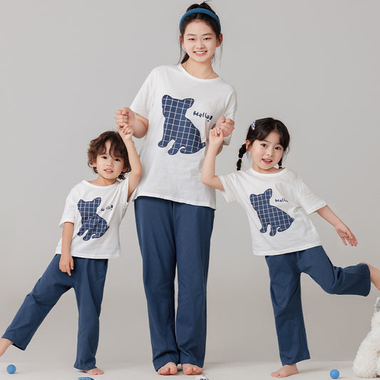 Parent-Child Cotton Homewear Summer Style Children's Short Sleeve Long Pants Set Cartoon Air Conditioning Clothing Sweat-Absorbing Printed Pajamas Couple Outfit