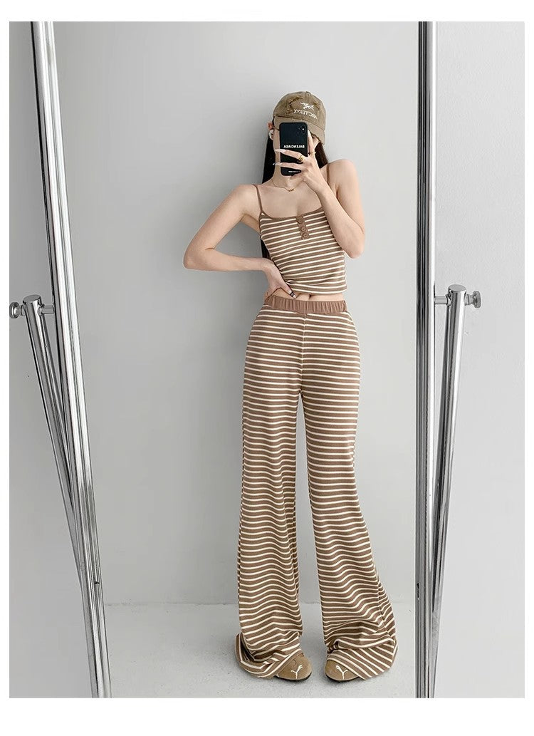 Home Lazy Relaxed Striped Slimming Wide-Leg Pants for Women Summer Hot Girl Fashion Camisole Vest Casual Two-Piece Set