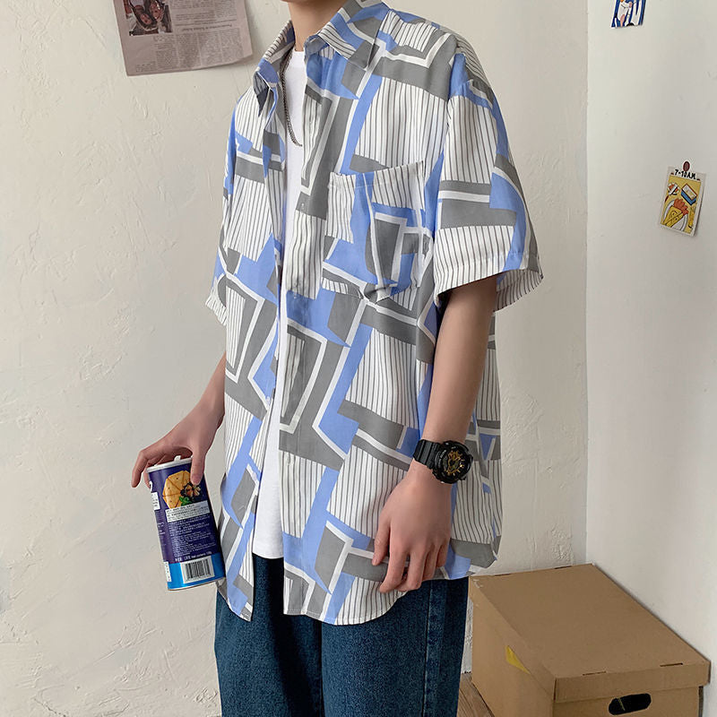 Summer Japanese Style Short Sleeve Shirt Men Half Sleeve Shirt Hong Kong Style Trendy Cat Print Student Loose Casual Shirt12