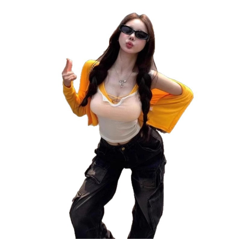 Spicy Girl Two-Piece Set Semi-Sheer Tencel Tank Top Slim Fit Sexy Pure Desire Cross Strap Bustier