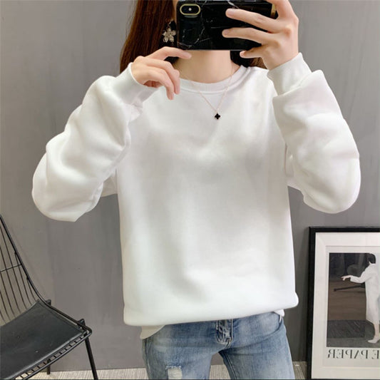 Plain Solid Color Round Neck Student Sweatshirt Fleece Lined Thick Loose Long Sleeve Top Blank Version Jacket Unisex Couple Outfit