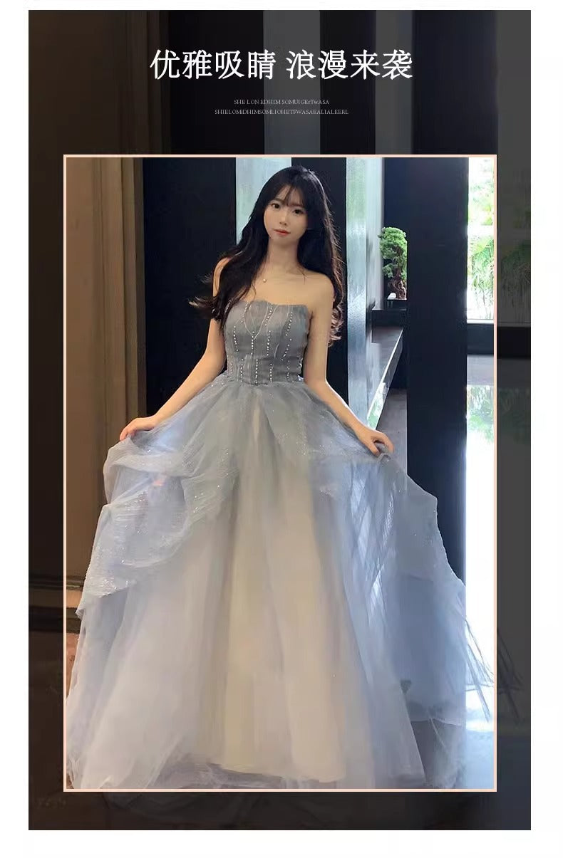 Blue Strapless Dress Puff Skirt Runaway Princess Fairy Dress Light Luxury High-end Evening Dress Host Slim Fit Elegant