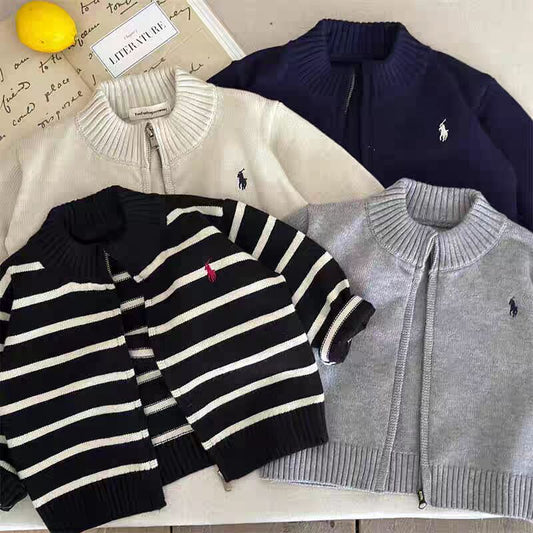 Children's Sweater2025Spring and Autumn Boys' Stand Collar Zipper Knitted Cardigan Baby Toddler Autumn Striped Jacket Children's Clothing