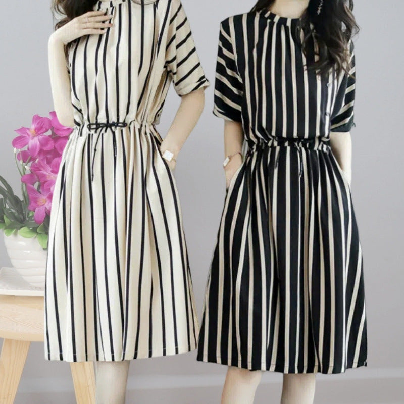 Beautiful Striped Dress2025Korean Style Lace-Up Waist-Cinching Loose Skirt Summer Mid-Length Plus Size Women's Clothing Wholesale