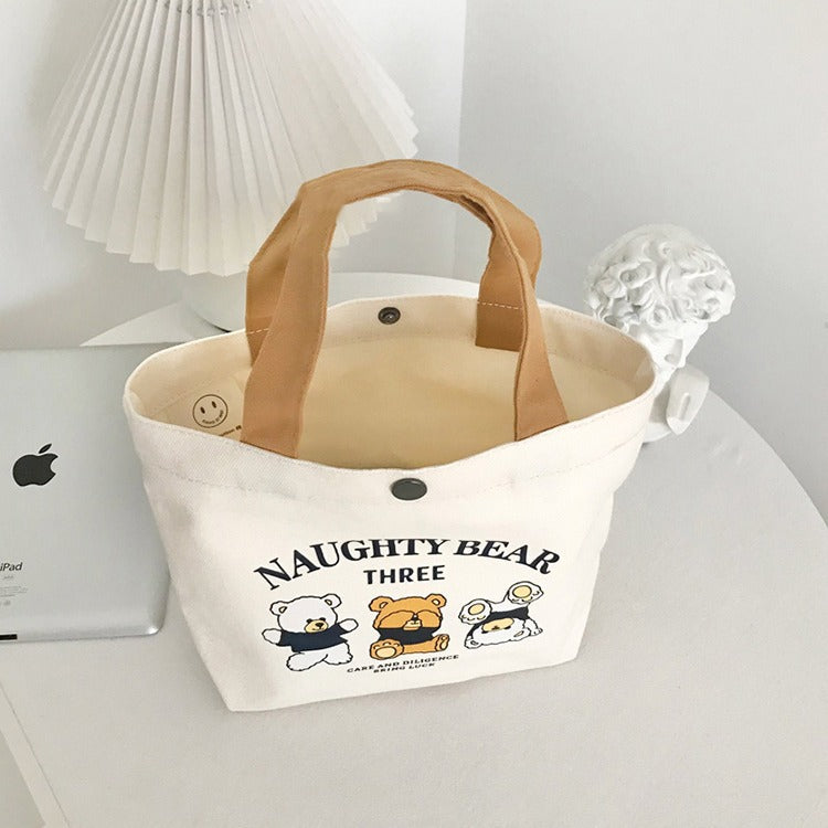 New Bear Canvas Bag for Female Students, Portable Small Handheld Lunch Bag, Tote Bag, Canvas Pouch, Gift Bag