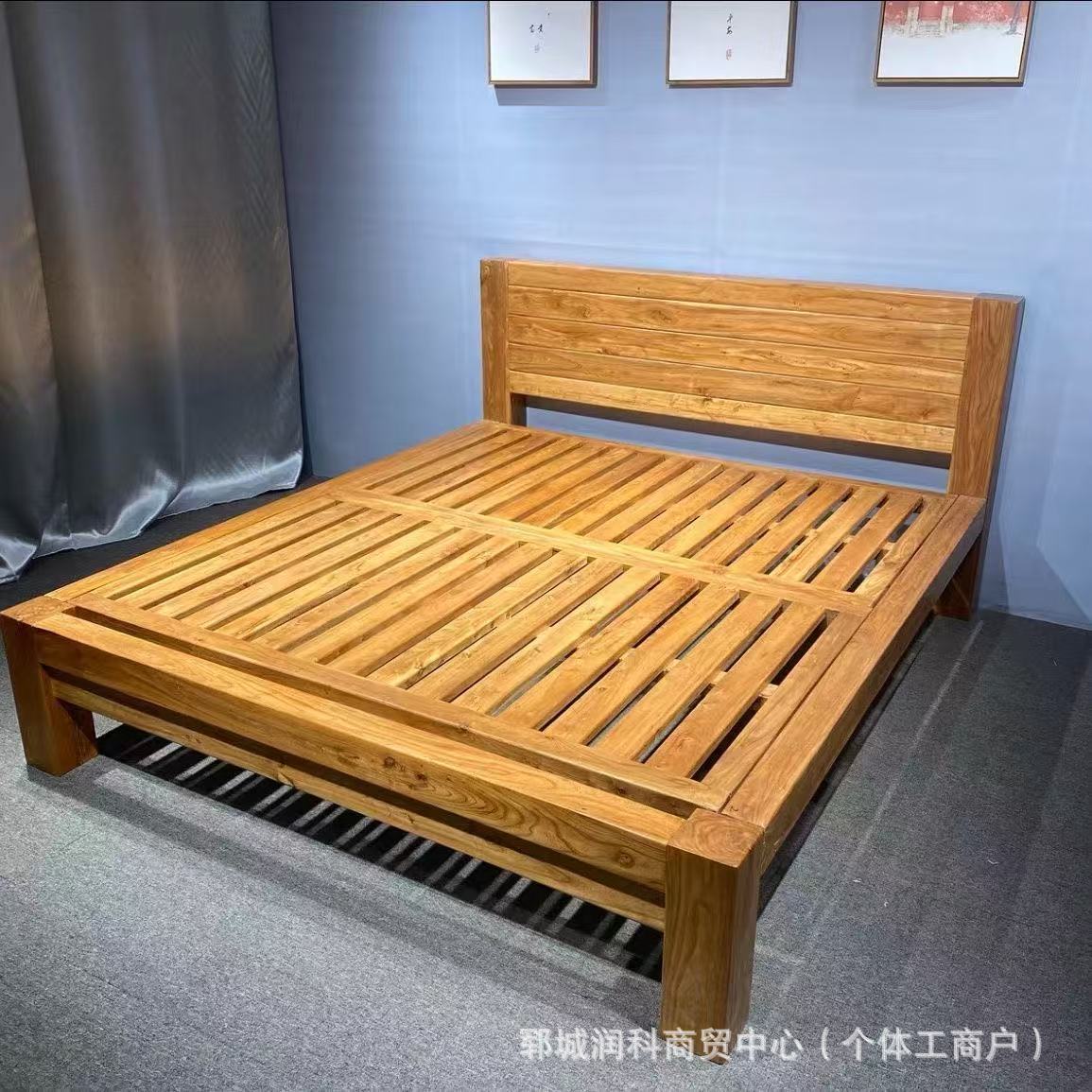 Old Elm Solid Wood Bed Modern Simple Bed Homestay Internet Celebrity Rental Dormitory Falcon Rivet Tatami Hard Board Bed