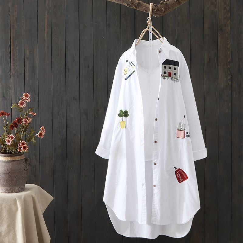 In Stock Japanese and Korean Style Spring Summer Two-Way Cotton Shirt for Women Loose Mid-Length Top Artistic Embroidery Short Sleeve Jacket