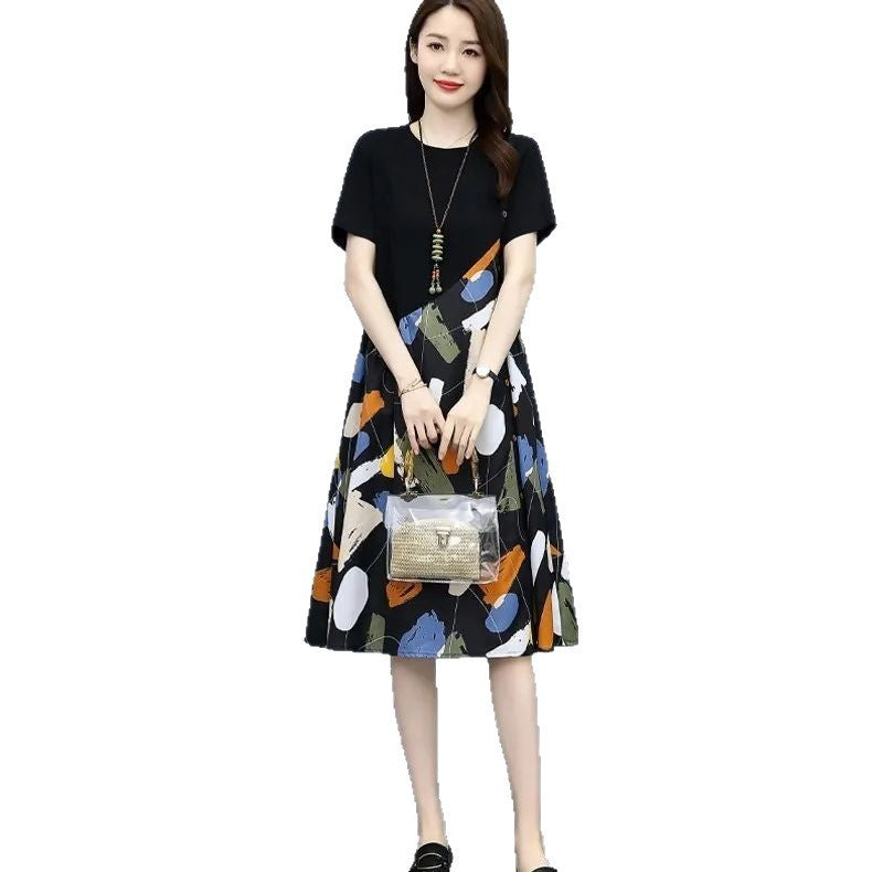 Summer Plus Size Fashion Patchwork Dress2025New Loose Slimming Belly-Covering Age-Reducing Elegant Fake Two-Piece Dress