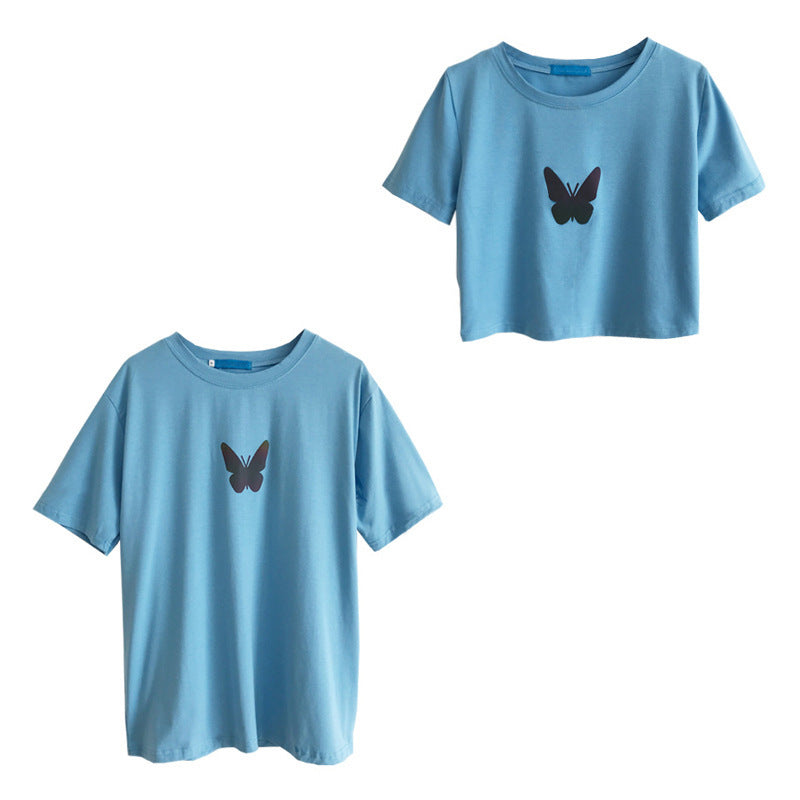 Summer2025New Year's Trendy Internet Celebrity Couple Outfit Reflective Butterfly Short Sleeve t Women's Summer T-shirt ins Super Popular Short Top