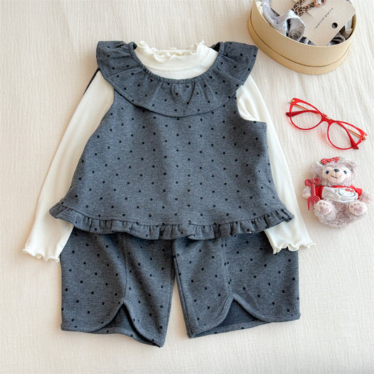 Sweet Little Girl Korean Style Set Autumn New Children's Back-to-School Stylish Lace Polka Dot Vest Wide-Leg Pants Three-Piece