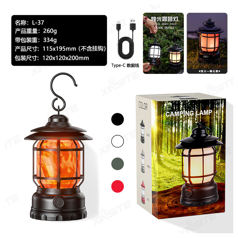 TikTok Hot-Selling Camping Light Atmosphere Light Flame Camping Light Tent Retro Lantern Outdoor Rechargeable Handheld Light Gift