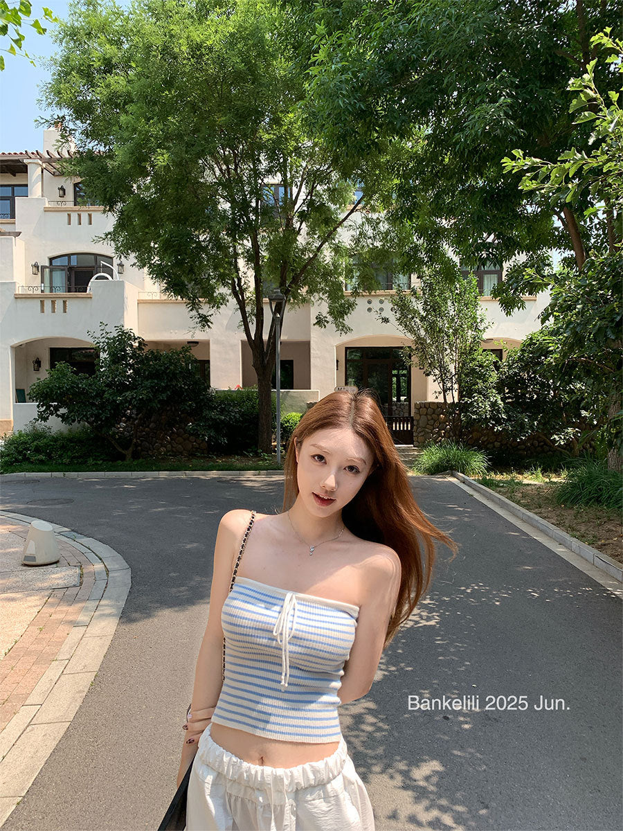 Chestnut Cocoa Bankelili'Blue Coastline'High-Level Spicy Girl Knitted Striped Tube Top Vest for Women Pure Desire