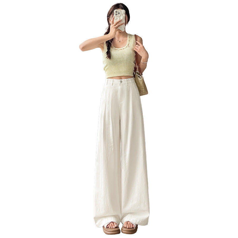 Pure White Simple Style Washed Cotton Jeans for Women High Waist Loose Slimming Straight Leg Draped Casual Versatile Long Pants