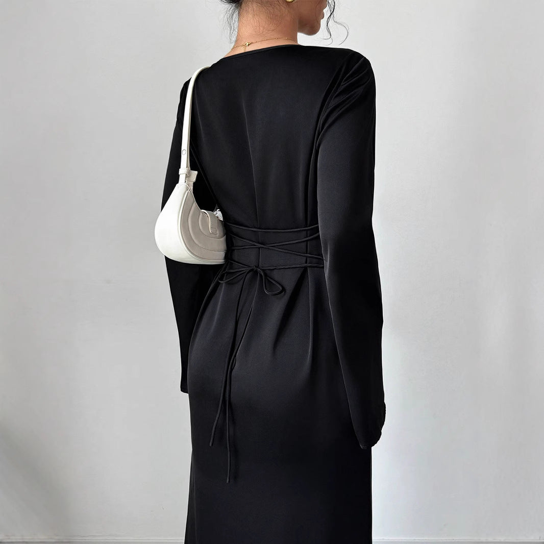 Pear-shaped Body Wear Women's Long-sleeved Loose Belted Waist Black Long Dress High-end Sense of Temperament Style Dress for Women
