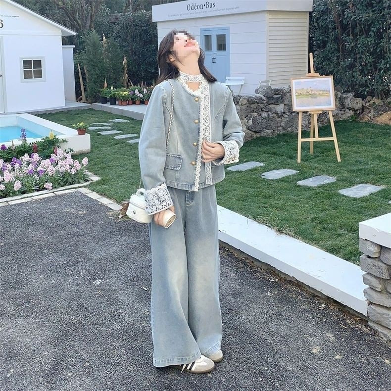 Lace patchwork denim wide-leg pants set for women spring and autumn2025The new two-piece set is absolutely stunning and super trendy