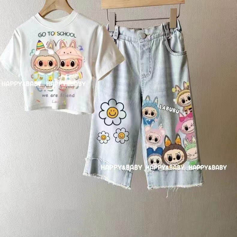 Girls' Bowknot Jeans2025New Style Children's Fashionable Wide-Leg Pants for Older Kids, Long Straight-Leg Pants