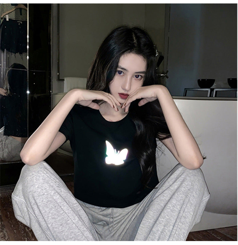 Summer2025New Year's Trendy Internet Celebrity Couple Outfit Reflective Butterfly Short Sleeve t Women's Summer T-shirt ins Super Popular Short Top