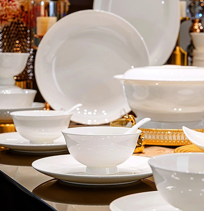 Tangshan Bone China Pure White Underglaze Color Bowl and Plate Set Household Combination Tableware Set Bowl Plate Dish Gift Box High Temperature Porcelain