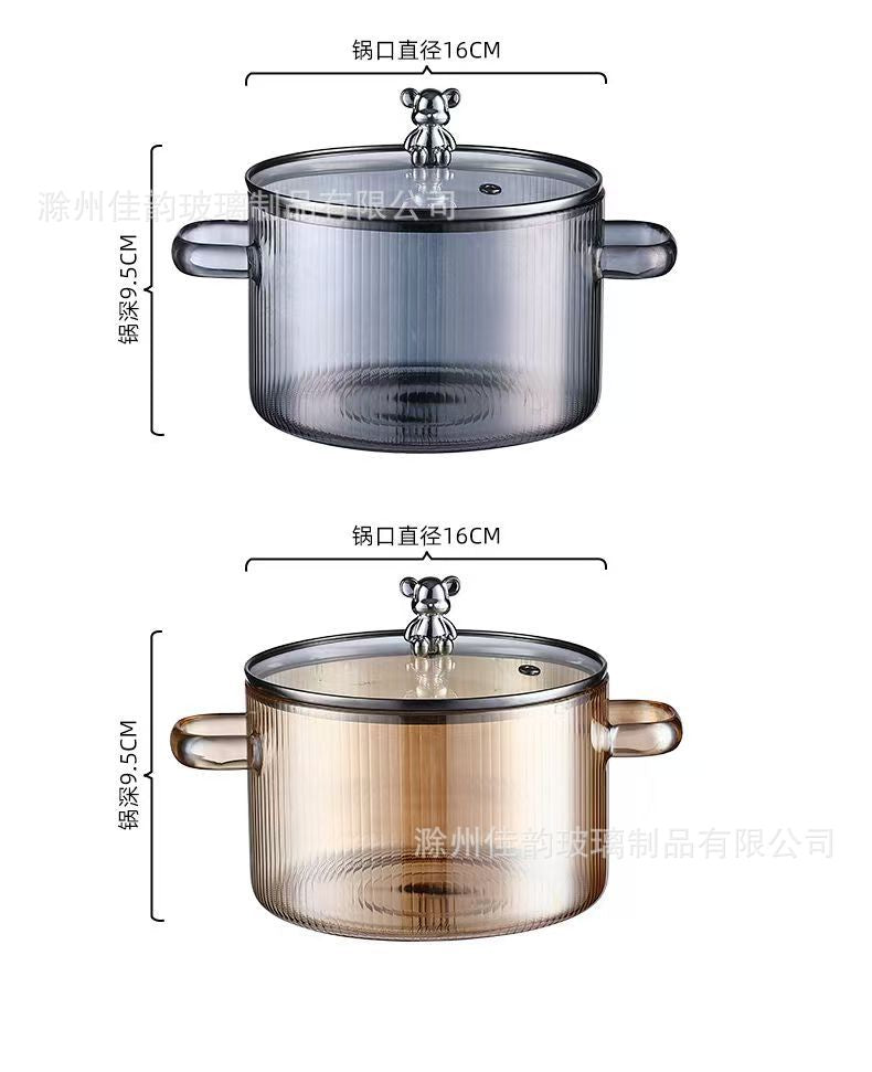 Creative Bear Double Ear Soup Pot Striped Pot Glass Transparent Health Pot Electric Ceramic Stove Heatable Instant Noodle Bowl Milk Pot