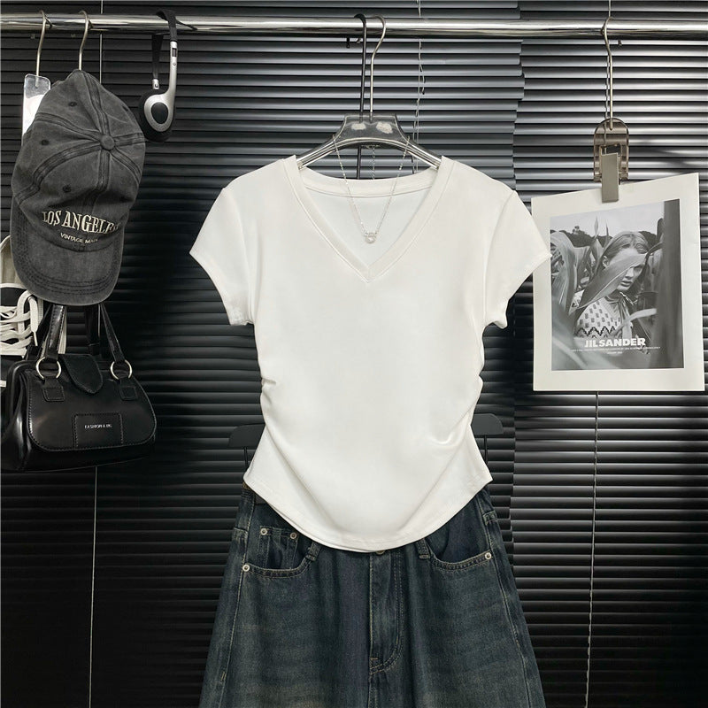 Summer round Neck V Collar Design Sense Ruched Waist Versatile Slimming Short Sleeve Regular Shoulder T T-shirt for Women Hot Girl Tight-fitting Not Wholesale