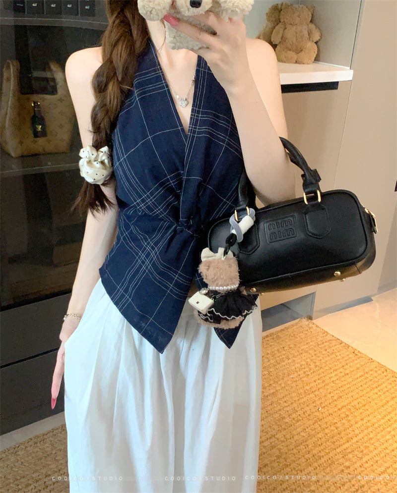 Summer2025New Korean Retro Plaid Knot Waist Slimming Elegant Halter Top Women's Camisole Trendy