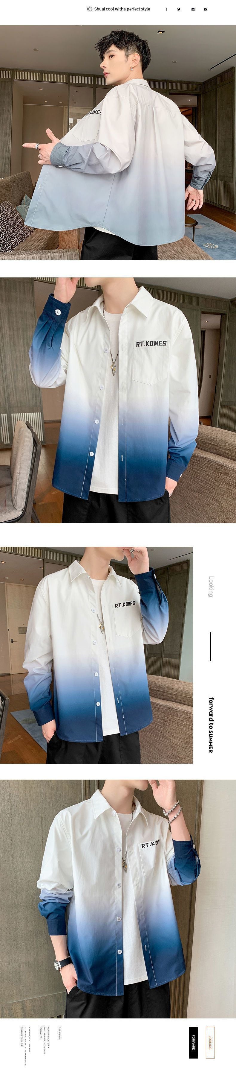 Gradient Long Sleeve Shirt for Men, Spring and Summer Loose Thin Jacket, Korean Style Trendy Casual ins Fashion Brand Sunscreen Shirt