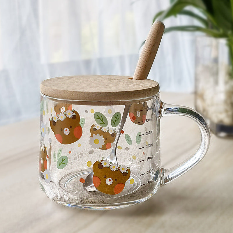 ins Glass Cup with Straw Milk Breakfast Cup Cute Cartoon Graduated Cup with Lid Spoon Gift Customization logo