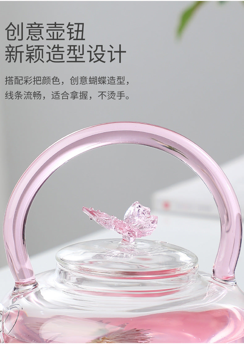 Teapot with Pink Handle Butterfly Teapot High Borosilicate Heat-Resistant Glass Teapot Electric Ceramic Stove Special Tea Brewing Teapot Flower Tea Teapot