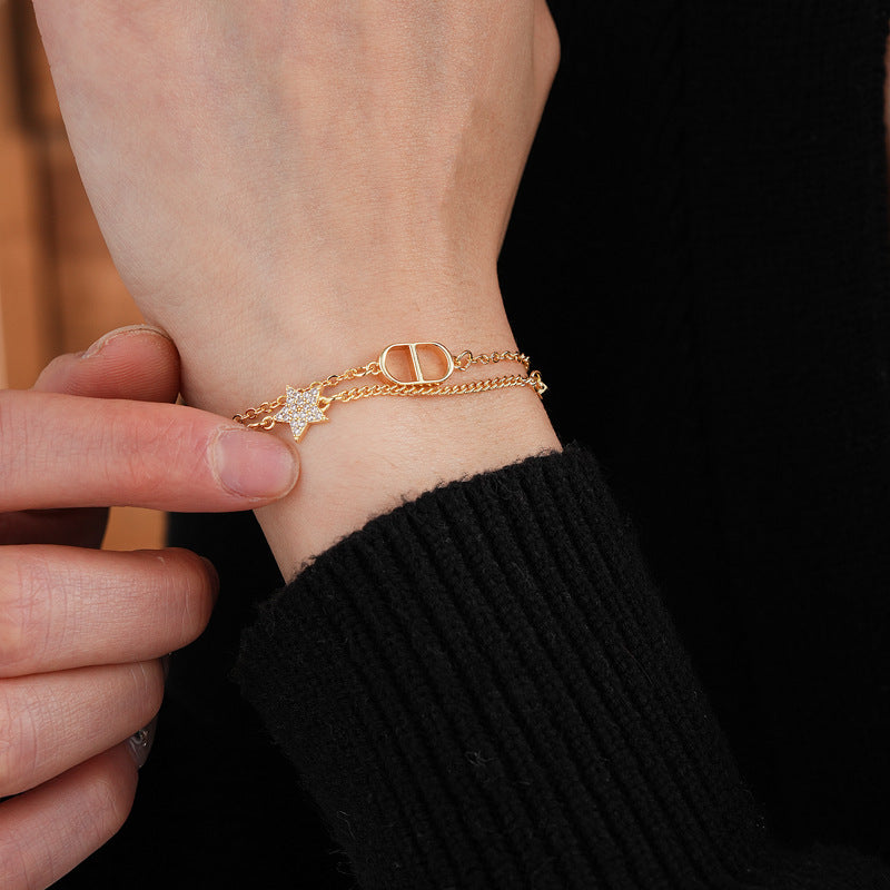 Zircon Star Pig Nose Double Layer Bracelet Niche Light Luxury High-end Versatile Fashion Commuting Vintage Jewelry