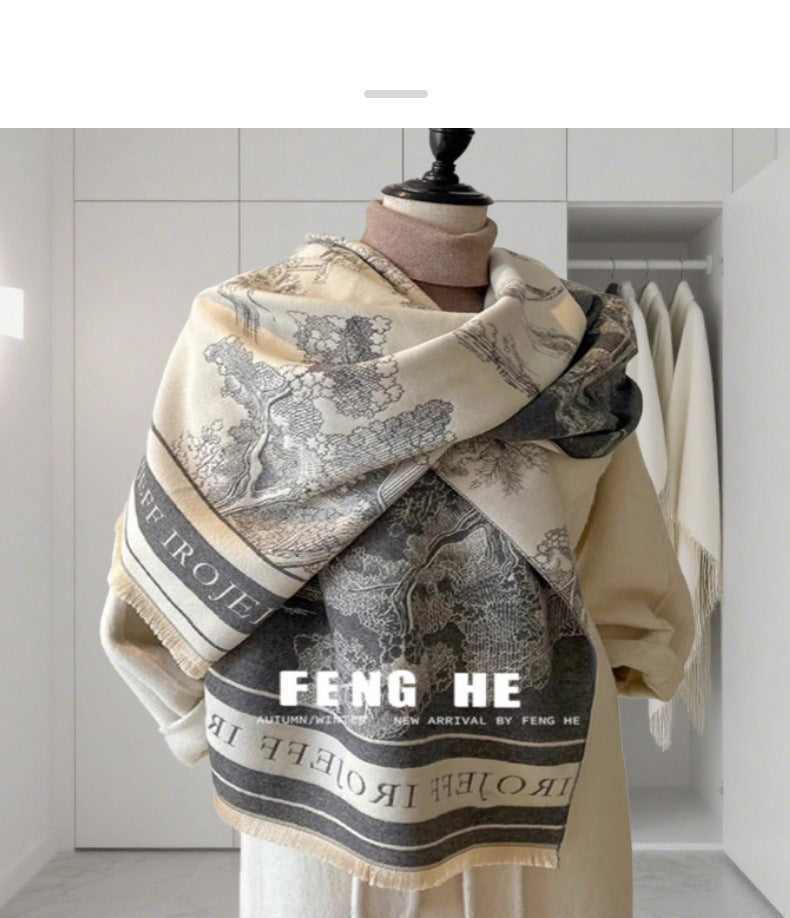 Light Luxury Style Imitation Cashmere Jacquard Shawl for Women Winter Warm Double-Sided Printed Landscape Scarf Outerwear Layering Neck Warmer