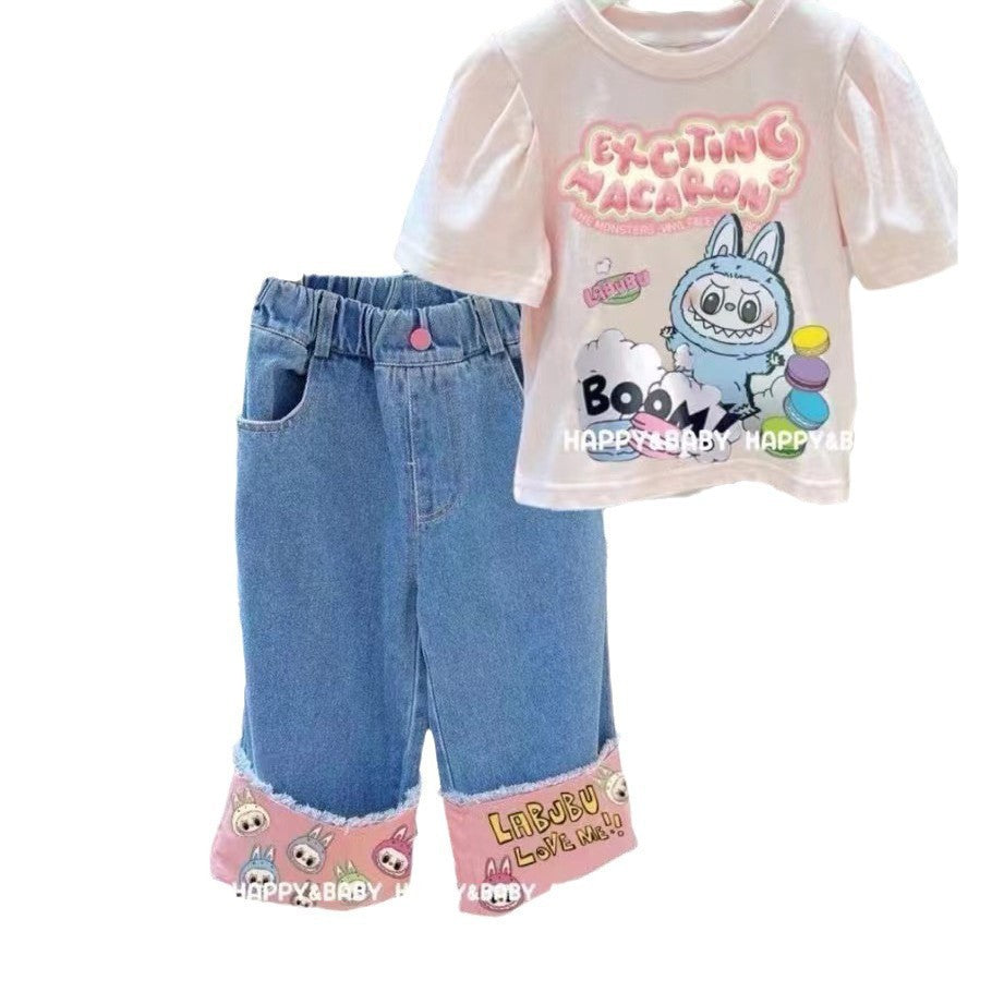 Girls' Bowknot Jeans2025New Style Children's Fashionable Wide-Leg Pants for Older Kids, Long Straight-Leg Pants